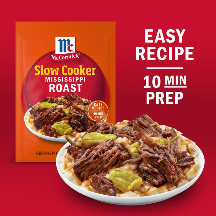 McCormick Slow Cooker Mississippi Roast seasoning mix packet next to a plate of the finished roast, highlighting its easy recipe and 10-minute prep time.