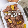 A boneless chuck roast dish is presented, highlighting its preparation.