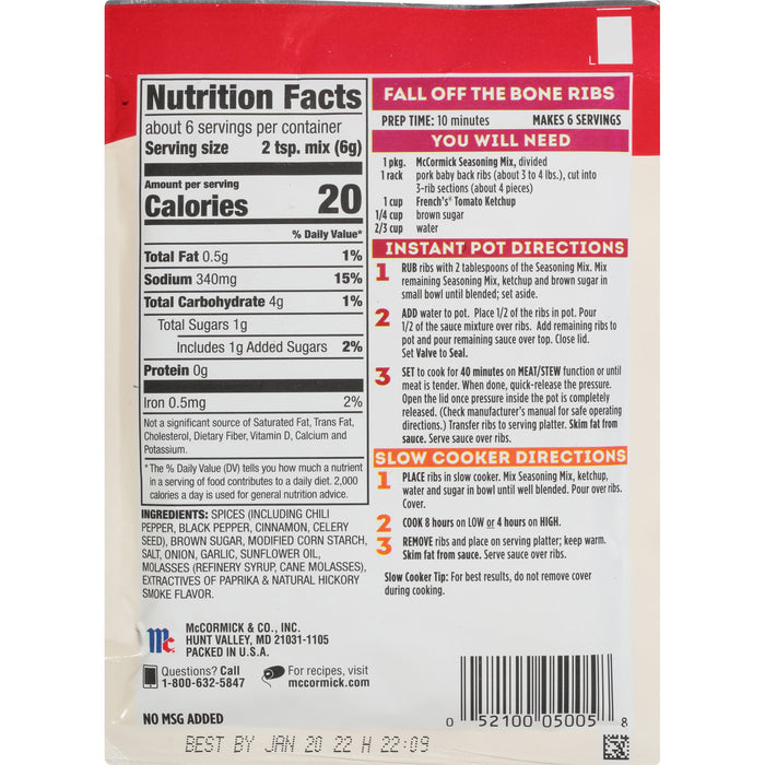 McCormick® Fall Off The Bone Ribs Instant Pot Seasoning Mix, 1.25 oz