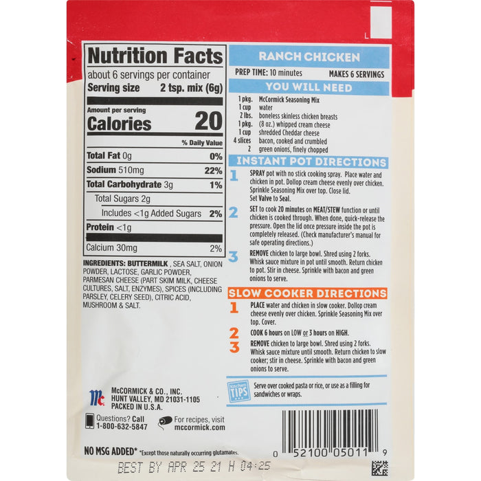 McCormick® Ranch Chicken Instant Pot Seasoning Mix, 1.25 oz