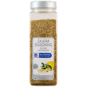 A clear plastic bottle of Mccormick Culinary Zaatar Seasoning Assorted Form 12.5 Oz is displayed against a plain white background.