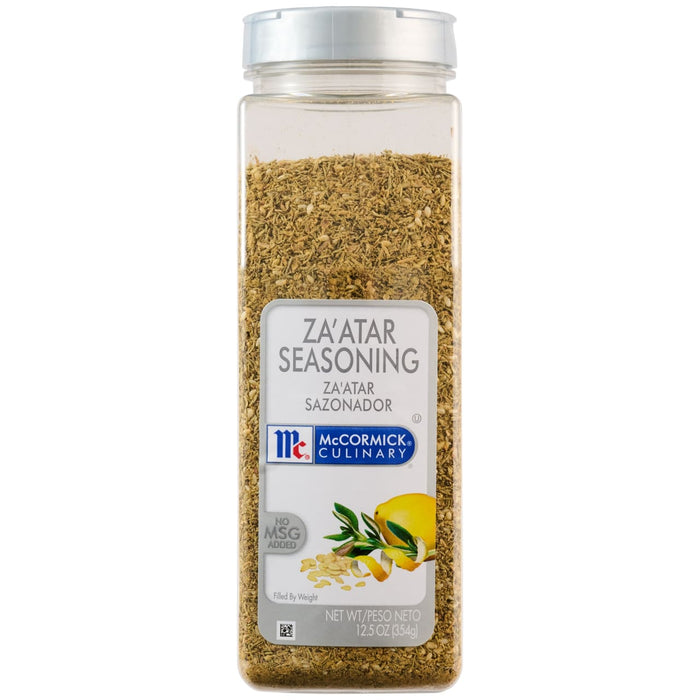 A clear plastic bottle of Mccormick Culinary Zaatar Seasoning Assorted Form 12.5 Oz is displayed against a plain white background.