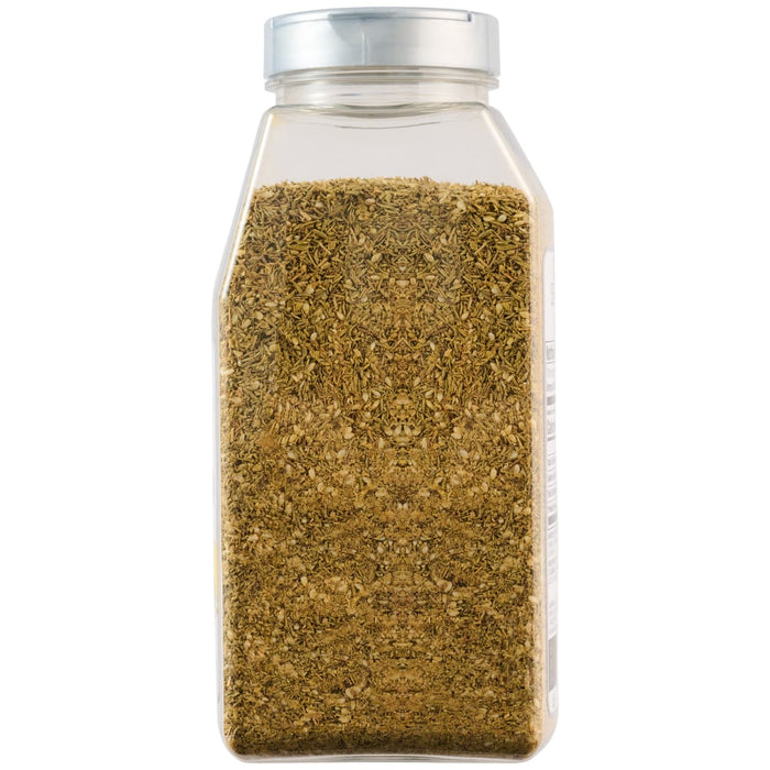 A clear, rectangular container of Mccormick Culinary Zaatar Seasoning Assorted Form 12.5 Oz is shown against a white background.