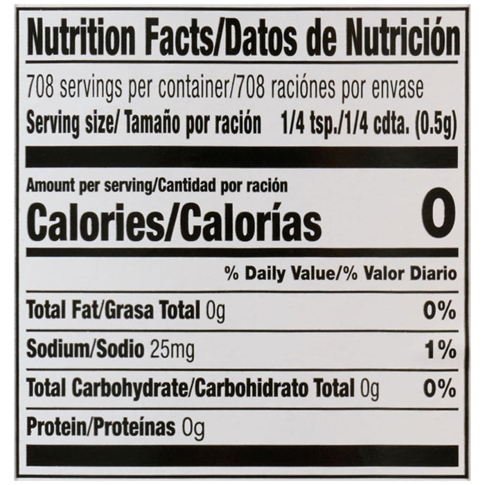 The nutrition facts label for Mccormick Culinary Zaatar Seasoning Assorted Form 12.5 Oz, indicating zero calories and 25mg of sodium per serving.