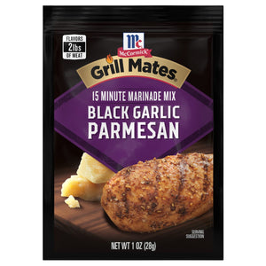 ['McCormick Grill Mates Black Garlic Parmesan marinade mix package with a serving suggestion of chicken and parmesan cheese.']