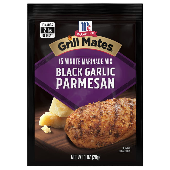 ['McCormick Grill Mates Black Garlic Parmesan marinade mix package with a serving suggestion of chicken and parmesan cheese.']