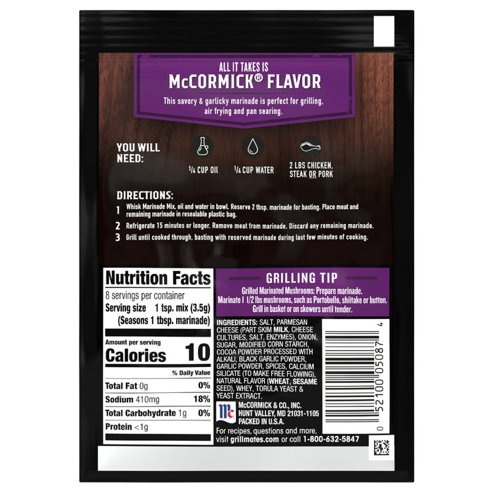 ['McCormick Grill Mates Garlic &amp; Herb marinade package with nutrition facts and grilling tips.']