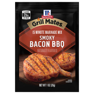 ['McCormick Grill Mates Smoky Bacon BBQ marinade mix package with a serving suggestion of grilled pork chops.']