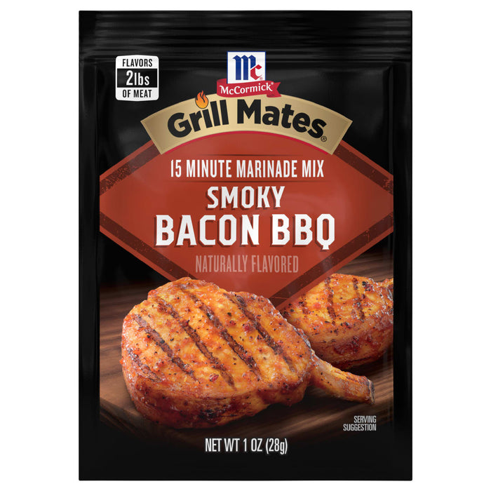['McCormick Grill Mates Smoky Bacon BBQ marinade mix package with a serving suggestion of grilled pork chops.']