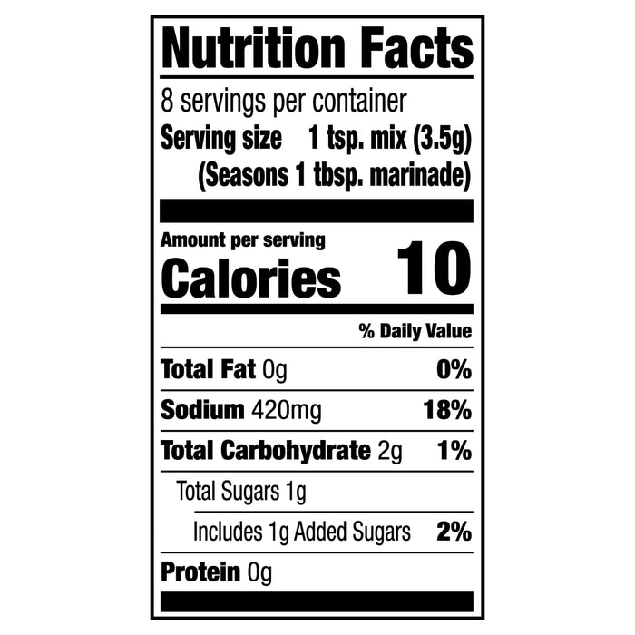 ['Nutrition facts label for a seasoning mix, showing 10 calories per serving.']