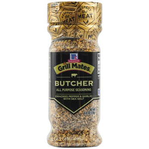 ['A bottle of McCormick Grill Mates Butcher All Purpose Seasoning.']