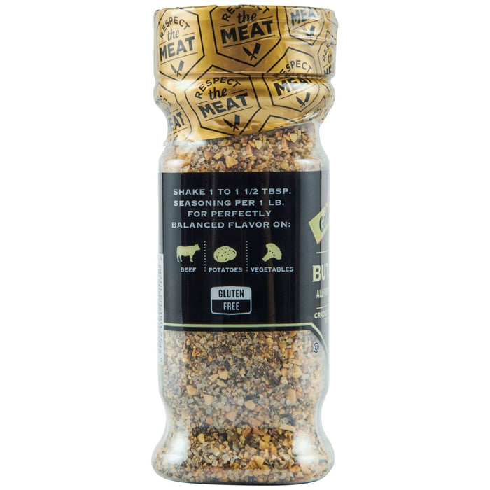 ['A bottle of Grill Mates Butcher Blend seasoning with a label that says Respect the Meat and Gluten Free.']