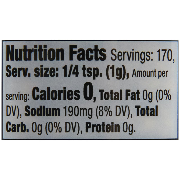 ['Nutrition facts label for a product with 0 calories per serving.']