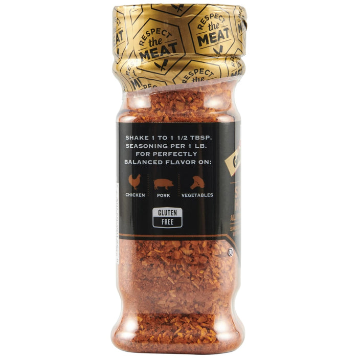 ['A glass jar of Respect the Meat Garlic Herb Seasoning.']