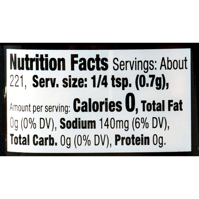 Nutrition facts label for a product with 0 calories per serving.