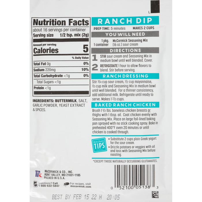 McCormick® Homestyle Ranch Dip, Dressing & Seasoning Mix, 1.25 oz (6-Pack)