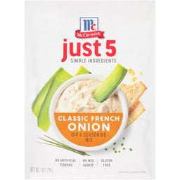 ['McCormick Just 5 Classic French Onion Dip &amp; Seasoning Mix package with a bowl of dip and crackers.']