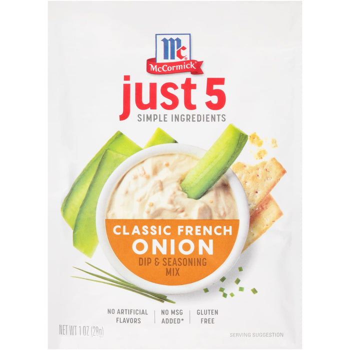 ['McCormick Just 5 Classic French Onion Dip &amp; Seasoning Mix package with a bowl of dip and crackers.']