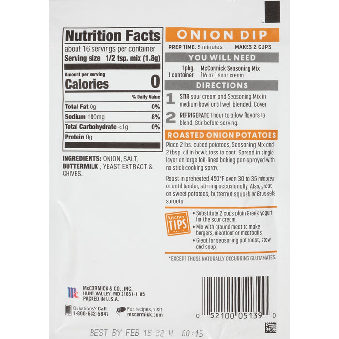 ['McCormick Onion Dip seasoning mix package with nutrition facts, directions, and kitchen tips.']