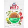 ['McCormick Just 5 Garden Herb Italian Dressing &amp; Seasoning Mix packet with a bowl of dressing and fresh herbs.']
