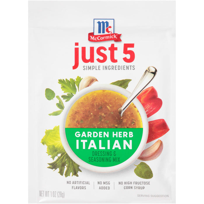 ['McCormick Just 5 Garden Herb Italian Dressing &amp; Seasoning Mix packet with a bowl of dressing and fresh herbs.']