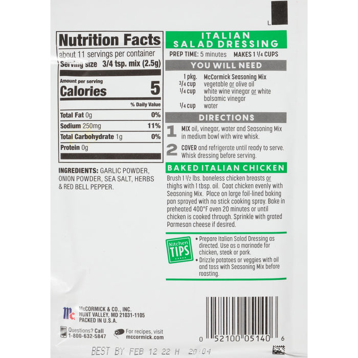 ['McCormick Italian Salad Dressing nutrition facts and directions for use.']