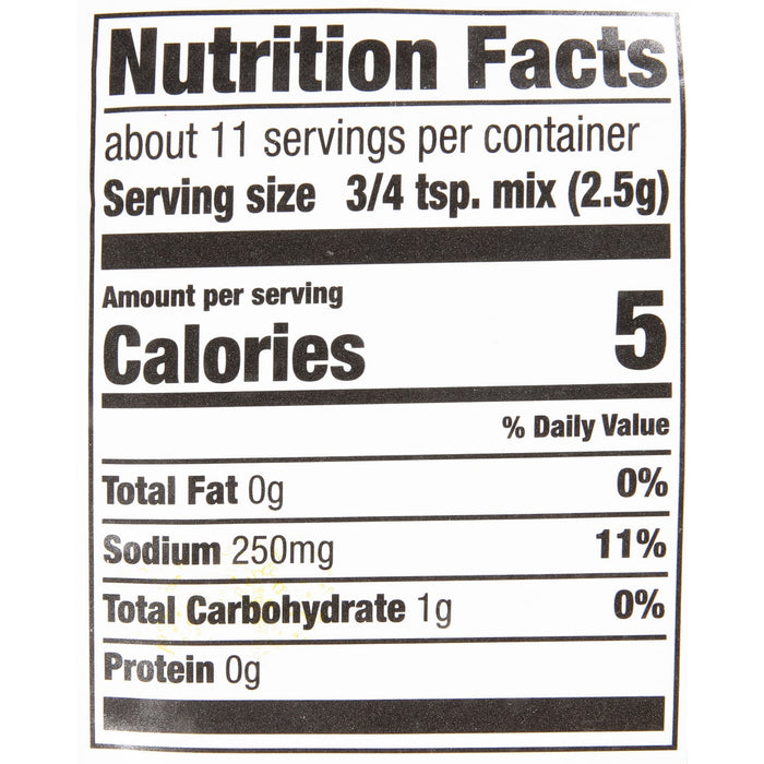['Nutrition facts label for a product with 5 calories per serving.']