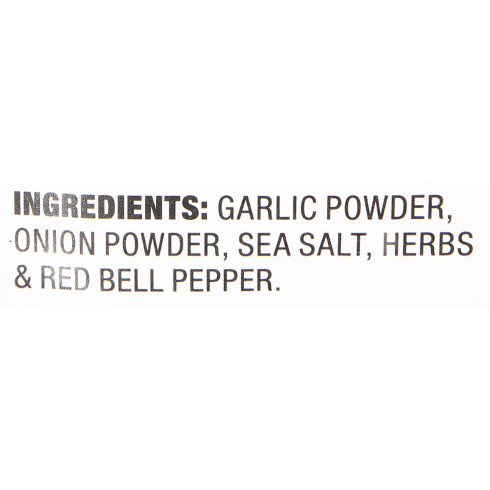 ['A list of ingredients for a seasoning blend, including garlic powder, onion powder, sea salt, herbs, and red bell pepper.']