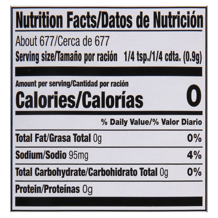 ['Nutrition facts label for a product with 0 calories, 0g fat, 95mg sodium, 0g carbohydrates and 0g protein.']