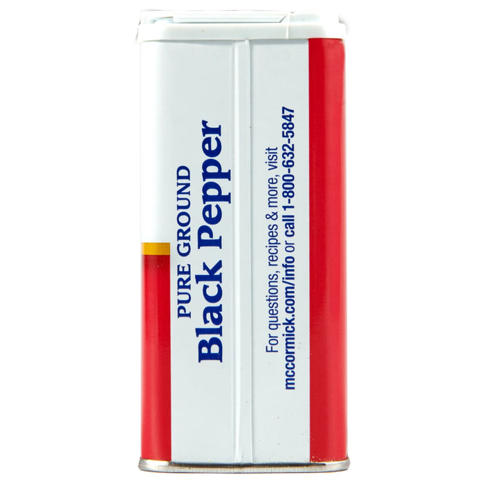 ['A McCormick Pure Ground Black Pepper container.']