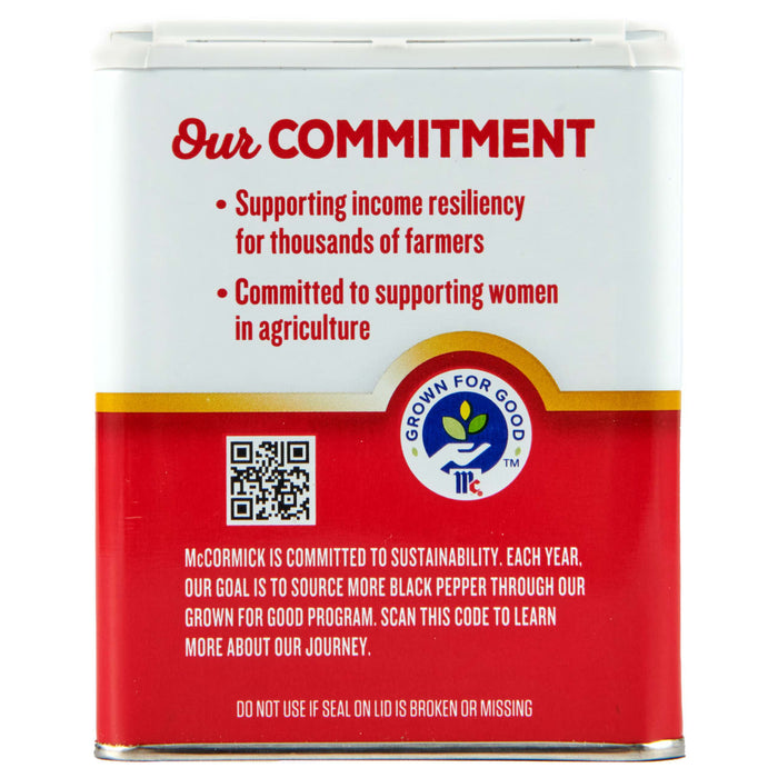 ['A McCormick spice tin with a red background and a message about their commitment to sustainability.']