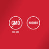 The image displays two circular icons indicating that the product is non-GMO and Kosher.