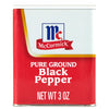 ['A McCormick brand can of pure ground black pepper with a net weight of 3 ounces.']