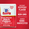 ["A can of McCormick Pure Ground Black Pepper, made with premium peppercorns, is shown with the words 'Distinct Peppery Flavor,' 'Non GMO,' and 'Always Hand-Harvested.'"]