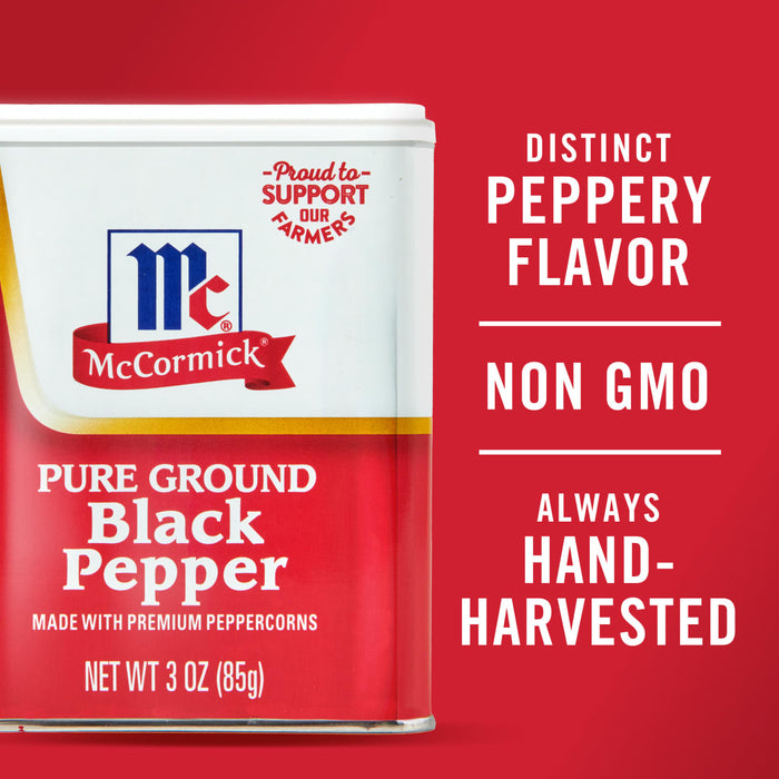 ["A can of McCormick Pure Ground Black Pepper, made with premium peppercorns, is shown with the words 'Distinct Peppery Flavor,' 'Non GMO,' and 'Always Hand-Harvested.'"]