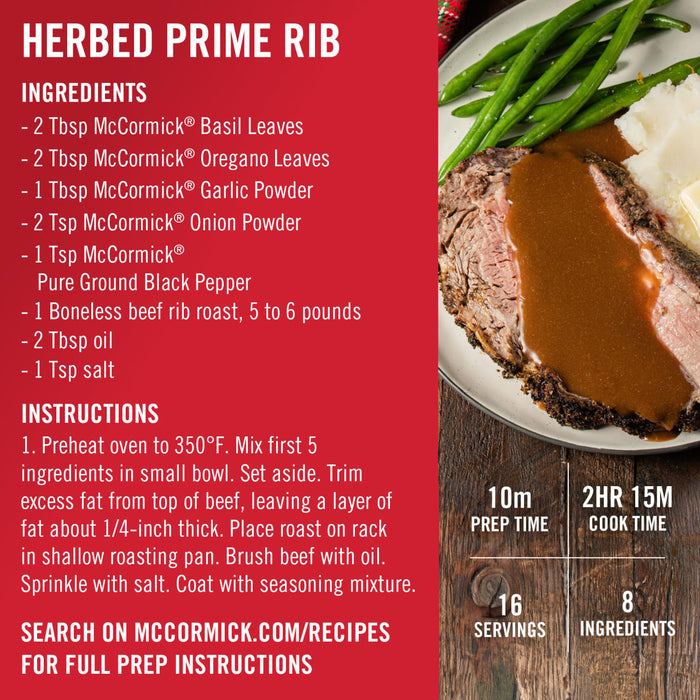 ['A recipe for Herbed Prime Rib from McCormick, with ingredients and instructions.']
