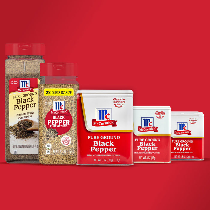 ['Four McCormick Black Pepper containers of different sizes are shown against a red background.']
