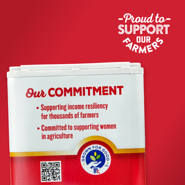 ["A white container with the words 'Our Commitment' and a logo that says 'Grown for Good' on a red background."]