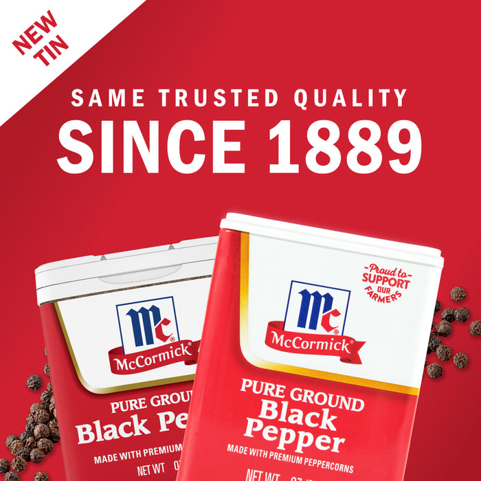 ['Two McCormick Pure Ground Black Pepper containers with a red background and black peppercorns.']