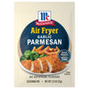 McCormick Air Fryer Garlic Parmesan seasoning packet featuring a prepared meal of chicken, fries, and broccoli.