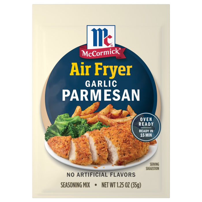 McCormick Air Fryer Garlic Parmesan seasoning packet featuring a prepared meal of chicken, fries, and broccoli.