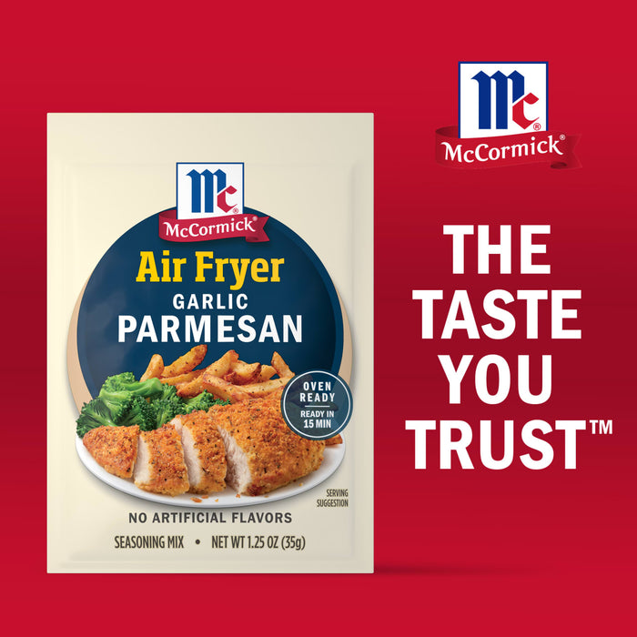 McCormick Air Fryer Garlic Parmesan seasoning mix package is displayed with a prepared meal and the slogan The Taste You Trust.