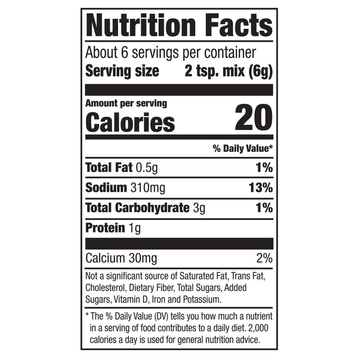 A nutrition facts label shows a serving size of 2 teaspoons of mix with 20 calories.