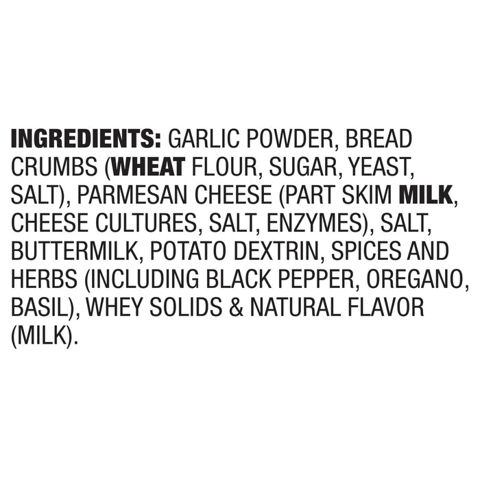 The image shows the ingredient list for a food product, including garlic powder, bread crumbs, Parmesan cheese, and spices.