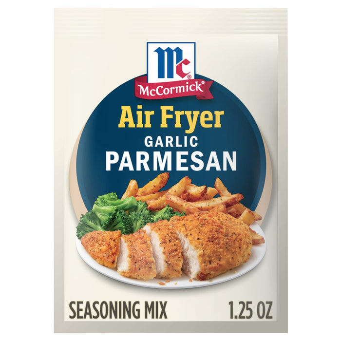 A packet of McCormick Air Fryer Garlic Parmesan seasoning mix.