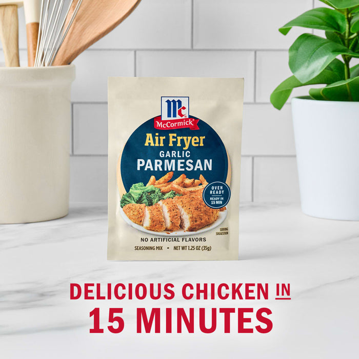 McCormick Air Fryer Garlic Parmesan seasoning packet is displayed with the promise of delicious chicken in 15 minutes.