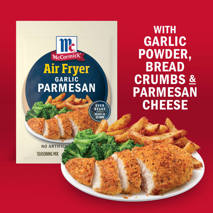 McCormick Air Fryer Garlic Parmesan seasoning mix is shown with a plate of air-fried chicken, fries, and broccoli.