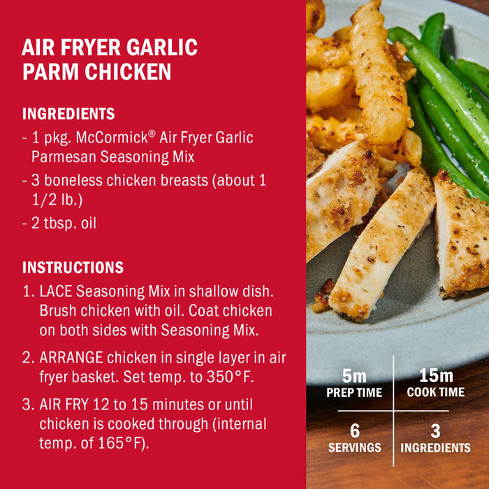 Recipe for Air Fryer Garlic Parmesan Chicken using McCormick Air Fryer Garlic Parmesan Seasoning Mix.