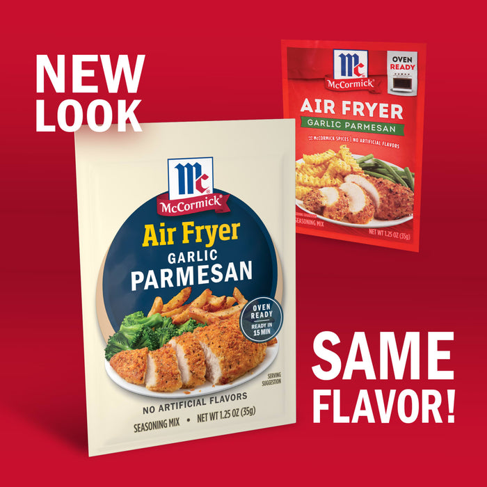 McCormick Air Fryer Garlic Parmesan seasoning packet with the text New Look, Same Flavor.