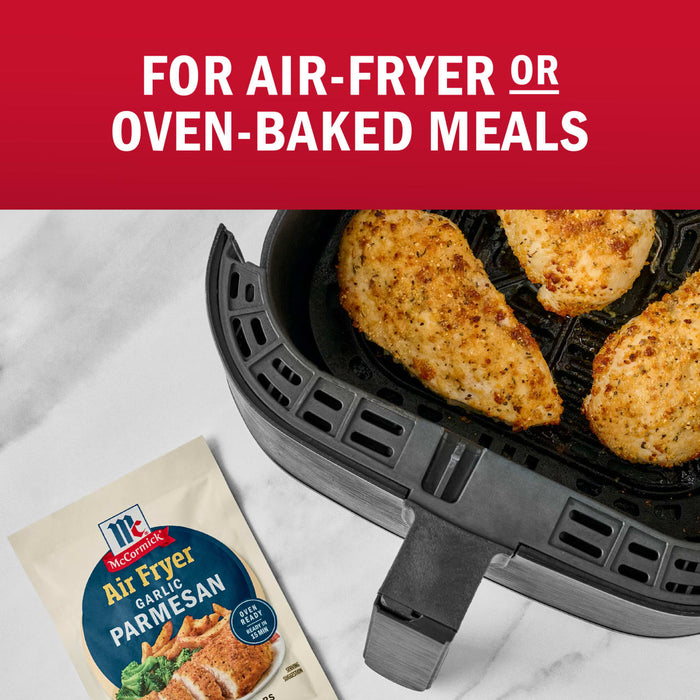 McCormick Air Fryer Parmesan seasoning mix is shown next to an air fryer with cooked chicken breasts, highlighting its use for air-fryer or oven-baked meals.